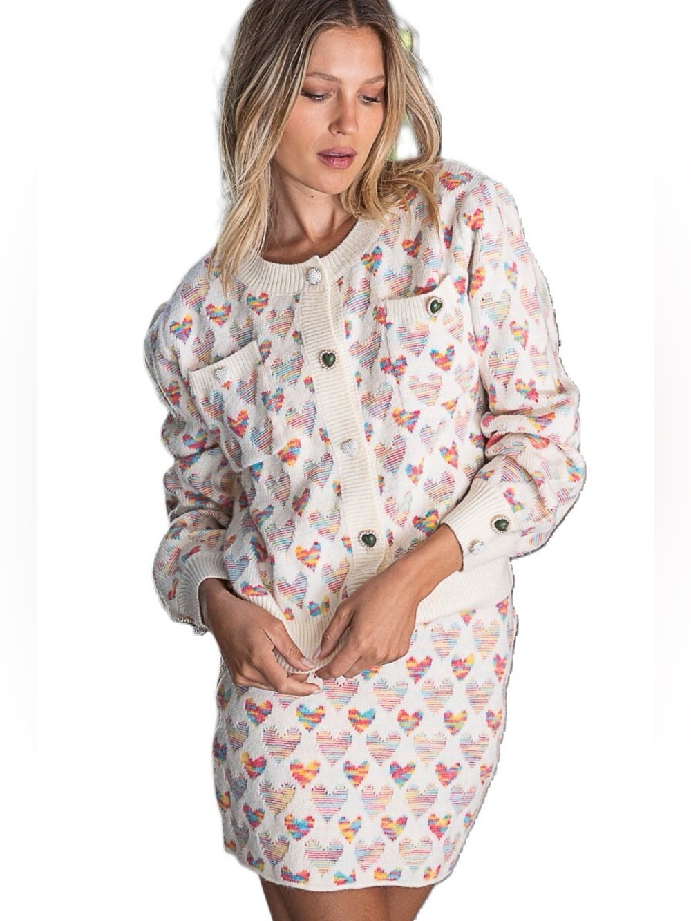 POL - Rainbow Heart Cardigan & Skirt Set - Cream - NWOT